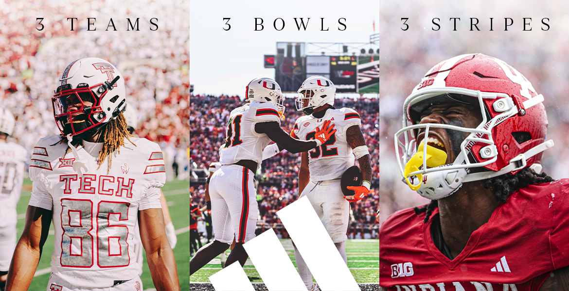 3 TEAMS. 3 BOWLS. 3 STRIPES. - Texas Tech, Miami, and Indiana University prepare for their upcoming NCAA Football Bowl Games.