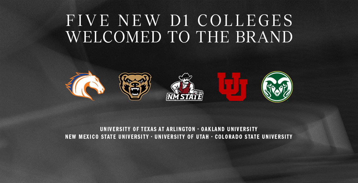 Five new D1 Colleges welcomed to the adidas brand: University of Texas at Arlington, Oakland University, New Mexico State University, University of Utah, and Colorado State University