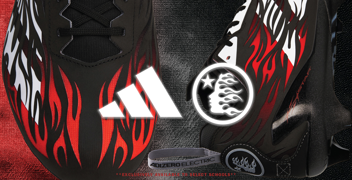 The all new red Adizero Hellstar Football Cleat; exclusively available to select schools.